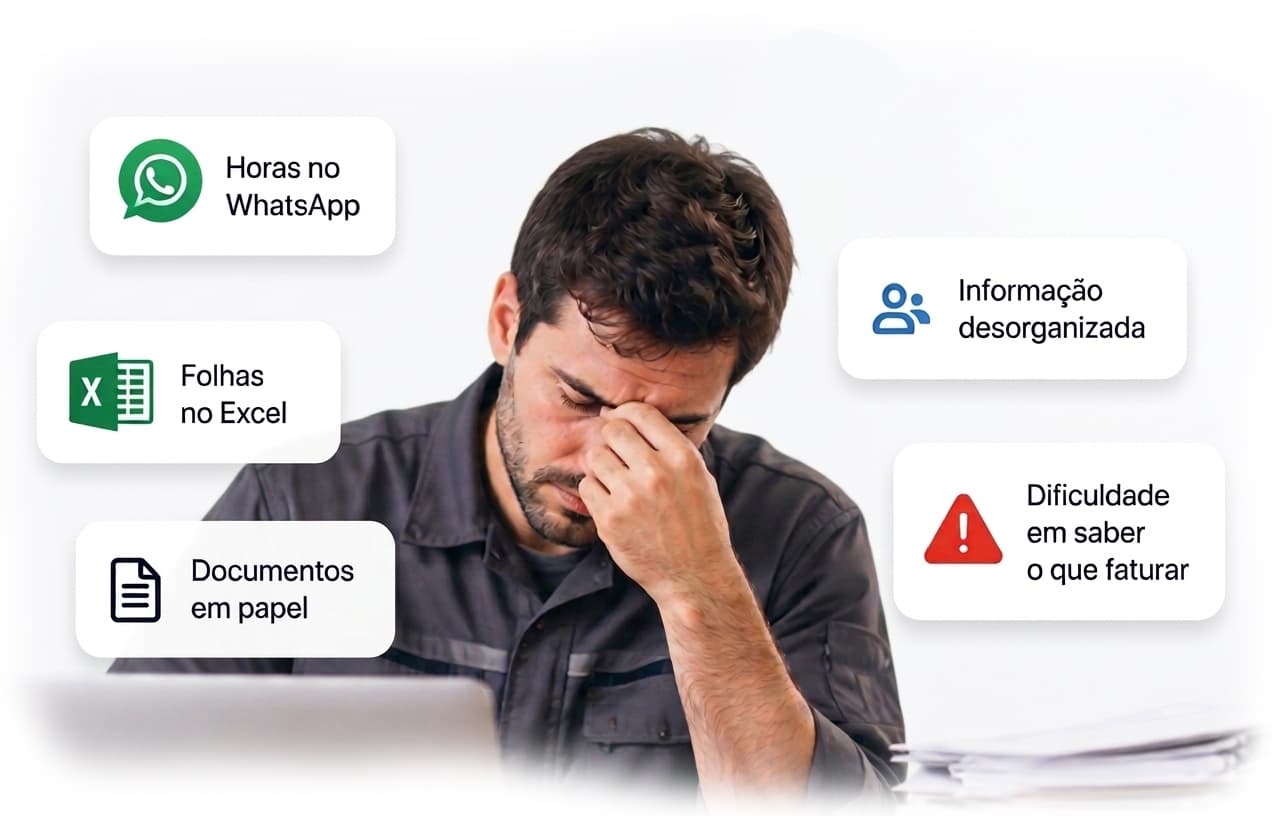 Profissional sobrecarregado a gerir horas no WhatsApp, Excel e papéis — o problema que o Otimiprod resolve