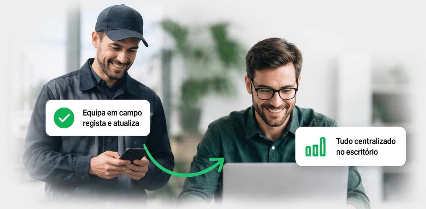 Equipas em campo e escritório a usar o sistema Otimiprod de gestão de horas e operação